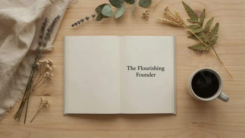 Table with ferns and foliage, a book with the text The Flourishing Founder and a cup of coffee
